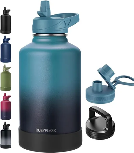 Vista 23 de RUBYFLASK - Botella de agua aislada con pajilla, jarra de agua al vacío de acero inoxidable, 24 onzas, botella con 3 tapas a prueba de fugas