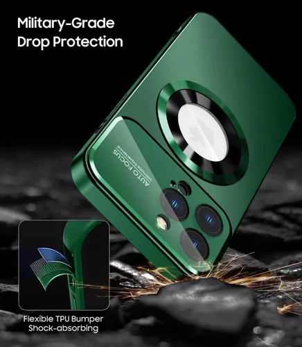 Vista 6 de MAKAVO Funda magnética para iPhone 13 Pro, compatible con MagSafe, protector de lente de cámara integrado, vista de logotipo, funda de grado militar