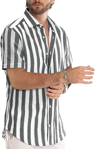 Vista 3 de JMIERR Camisas de vestir a rayas con botones y manga corta para hombre