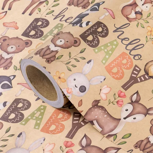 Vista 20 de WRAPAHOLIC Rollo de papel de regalo Kraft Animal - Mini Rollo - 17 pulgadas x 16.5 pies - Diseño de mono, elefante y dinosaurio lindos, perfecto