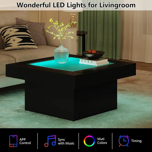 Vista 3 de Mesa de centro cuadrada con luces LED, mesas de centro de 35.4 pulgadas para sala de estar, mesa de centro de cristal templado, mesa central moderna