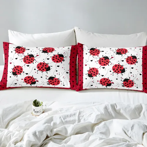 Vista 5 de Juego de ropa de cama de mariquita roja, tamaño individual, funda de edredón de mariquitas de dibujos animados para niños y niños, bonita funda