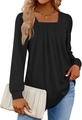 Vista 2 de Funlingo 2023 - Blusas de manga larga para mujer, estilo túnica, plisadas, con cuello cuadrado, estilo casual, holgadas