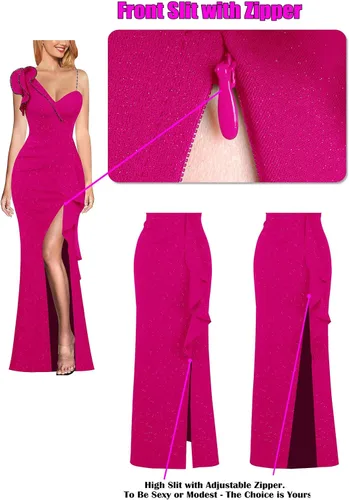Vista 6 de VFSHOW Vestido largo de fiesta formal con volantes y tirantes para el hombro, para mujer, vestido largo sexy con cuello en V dividido para cóctel