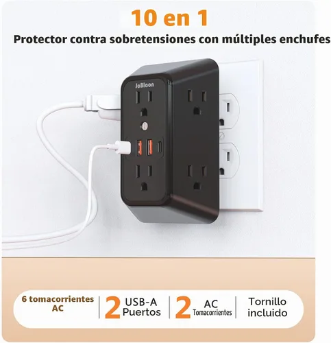 Vista 2 de Regleta de pared con cargador USB, protector contra sobretensiones con 4 puertos USB (2 USB C), extensión de enchufe, múltiples salidas, extensión