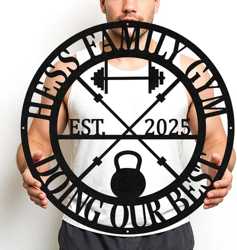 Vista 40 de Cartel de metal personalizado para gimnasio con nombre, arte de pared para sala de entrenamiento en casa, garaje, espacio de fitness, decoración