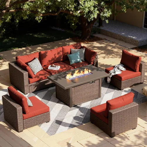 Vista 18 de Juego de muebles de patio al aire libre, 7 piezas, sofá seccional de mimbre con cojines y mesa de té, sofá de conversación de ratán para patio Beige