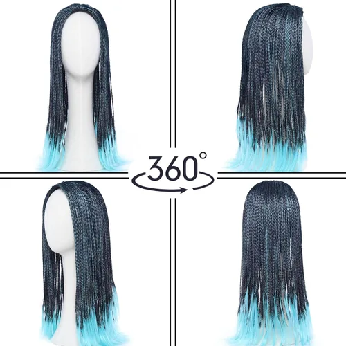 Vista 6 de Tembol Peluca de trenza larga para mujer, mezcla de color azul y negro, peluca de Halloween, cosplay, peluca de fiesta de disfraces de anime