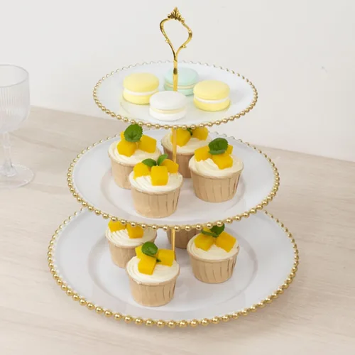 Vista 10 de Efavormart - Soporte de plástico transparente para cupcakes de 3 niveles con borde barroco dorado en relieve, soporte redondo de postres