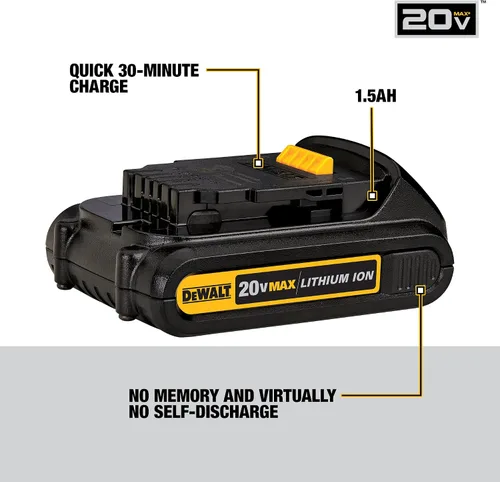 Vista 4 de DEWALT Kit combinado de taladro inalámbrico máximo de 20 V, 2 herramientas con batería compacta de iones de litio de 1.5 Ah 20V (DCK240C2 y DCB201)