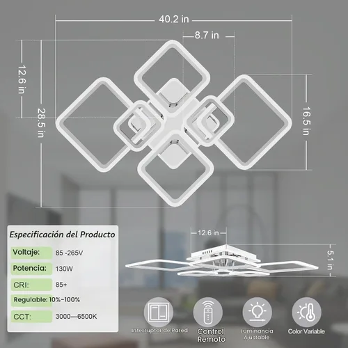 Vista 4 de Modernas luces LED de techo para dormitorio, 40.2 pulgadas, regulables, cuadradas, 6+1 anillos, luces de techo para sala de estar con control remoto