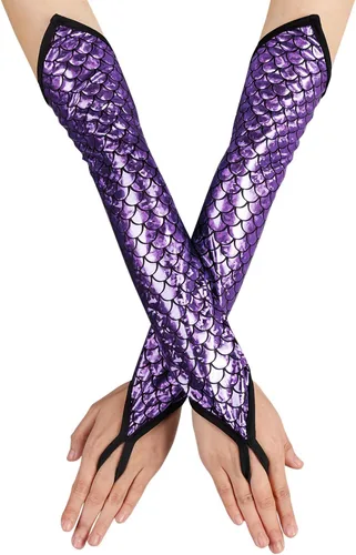 Vista 6 de color cosplayer Mermaid Gloves Fish Scales Arm Sleeves Sequin Gloves Fish Scale Fingerless Gloves with Fins