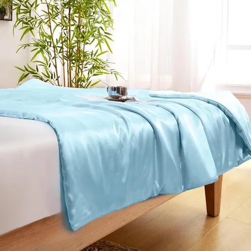 Vista 7 de Vonty Manta de Satén, Manta de Satén Azul Bebé de 50x60 Pulgadas, Refrescante y Sedosa, Sin Arrugas de Punto Trenzado para Sofá, Sofá, Cama
