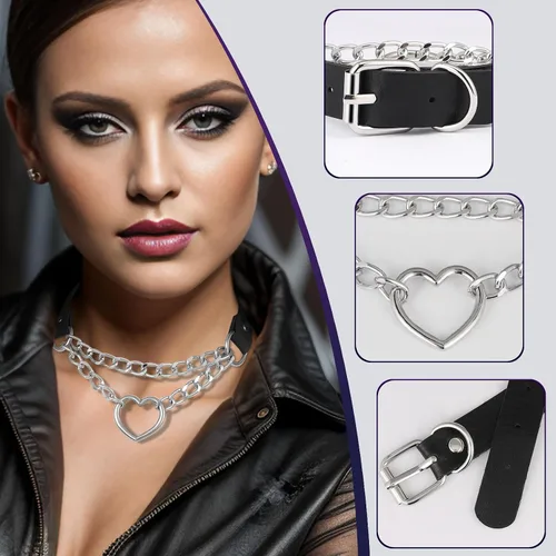 Vista 2 de MILAKOO Gargantilla punk de piel sintética, collar ajustable con dije de círculocorazón para mujer