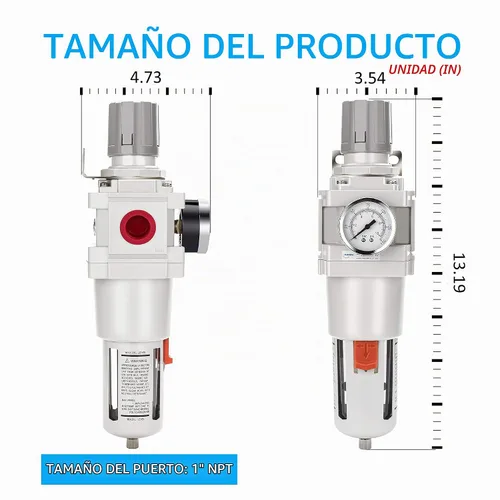 Vista 3 de NANPU 1" NPT Filtro de aire comprimido regulador combinado tipo piggyback, elemento de latón de 5 micrones, cuenco de policarbonato, desagüe