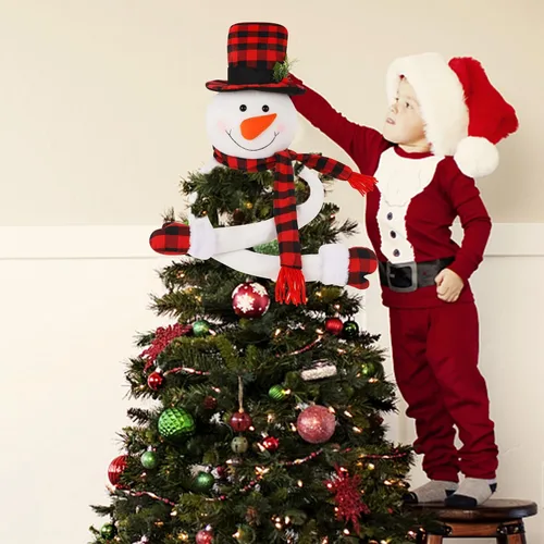Vista 3 de Juegoal - Muñeco de nieve para la copa del árbol de Navidad, muñeco de nieve grande y suave para abrazar la copa del árbol con sombrero a cuadros