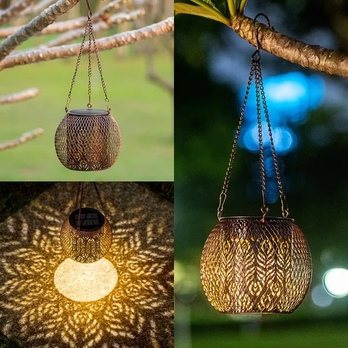 Vista 5 de LeiDrail Paquete de 2 faroles solares colgantes para exteriores, impermeables, de metal, luz decorativa para patio, patio, árbol, mesa, paisaje