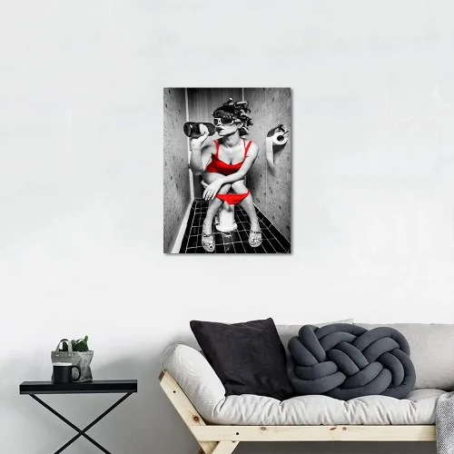 Vista 3 de Arte de pared moderno en blanco y negro sexy dama pintura mujer genial arte corporal sexy chica desnuda bebida vino tinto sentado en el inodoro