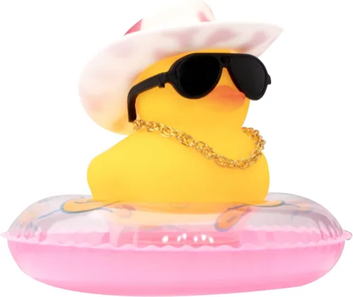 Vista 36 de wonuu Pato de goma para automóvil, decoración de pato amarillo con sombrero para el sol, anillo de natación, collar, gafas de sol para decoración