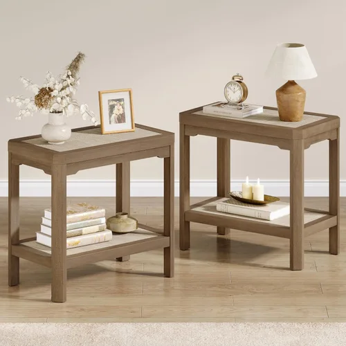 Vista 12 de Eclatara Mesitas de noche de ratán, mesa auxiliar de 2 niveles para dormitorio, mesa auxiliar de polígono decorativa para espacios pequeños, mesa