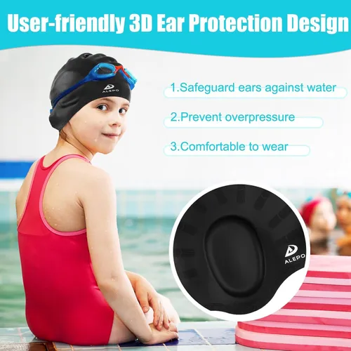 Vista 5 de 2 Pack Kids Swim Caps for Boys Girls, Durable Silicone Swimming Cap with 3D Ear Pockets for Age 3-15 Toddler Child Youth Teen, Unisex Swim Bath Hats