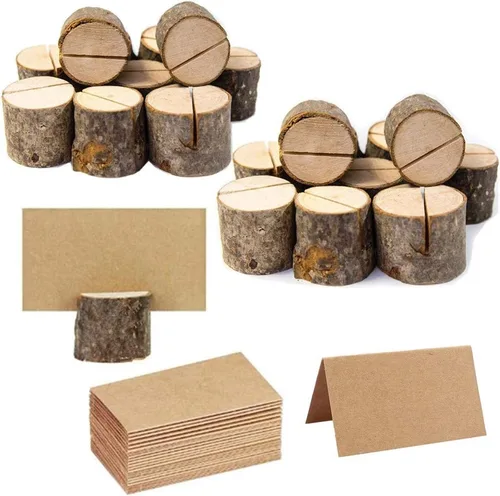 Vista 6 de 10 tarjeteros de madera rústica para mesa de madera con 20 tarjetas de mesa de papel kraft para colocar tarjetas de mesa para fiestas, bodas