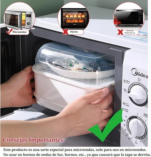 Vista 7 de Vaporera de microondas con tapa y bandeja, vaporera de verduras para tazón de microondas, utensilios de cocina aptos para microondas (2 niveles)