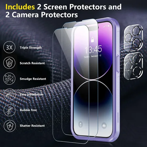 Vista 4 de jaroco Funda para iPhone 14 Pro, protección contra caídas de grado militar, 2 protectores de pantalla y protector de lente de cámara, protección