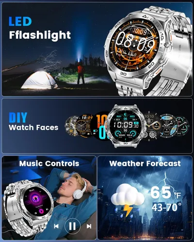 Vista 7 de Relojes inteligentes militares para hombres con llamada Bluetooth, reloj inteligente AMOLED de 1.6 pulgadas impermeable con linterna, 116 modos