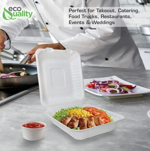 Vista 7 de Contenedor de comida cuadrado compostable con bisagras de 8 x 8 pulgadas, contenedores desechables de calidad resistente, caja de comida ecológica