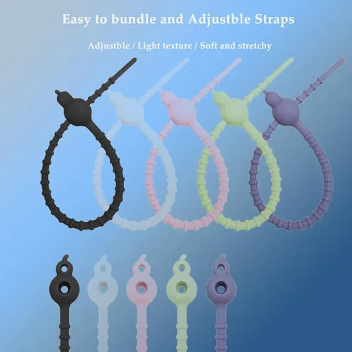 Vista 3 de Paquete de 10 bridas de silicona reutilizables, organizador de cordón elástico para agrupar y sujetar cables de cables