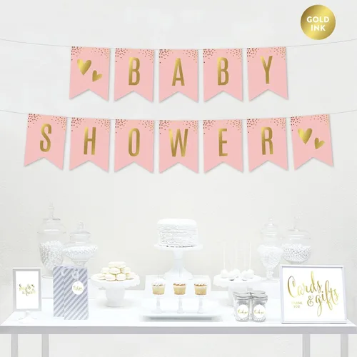 Vista 2 de Andaz Press Blush Rosa y Metallic Gold Confeti Lunares Baby Shower Party Collection Banderín colgante con cuerda, Baby Shower, 5 pies, 1 juego
