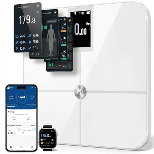 Vista 11 de Báscula de peso corporal digital inteligente de alta calidad, 4 electrodos, 25 + métricas, recargable, WiFi y Bluetooth, análisis de cuerpo