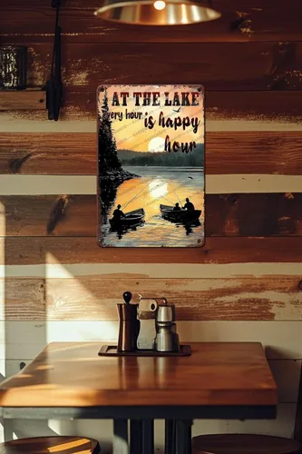 Vista 6 de Cartel de metal divertido con texto en inglés «At The Lake Every Hour Is Happy Hour», divertido póster de hojalata novedoso para el hogar, cocina
