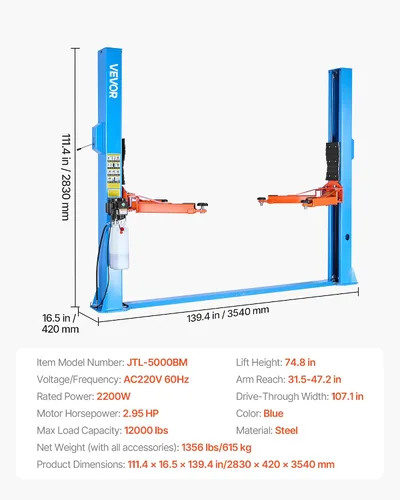 Vista 7 de VEVOR - Elevador de vehículos con dos columnas, capacidad de 12,000 libras (5443.1 kg), motor potente de 2.95HP, elevador automático de 220V