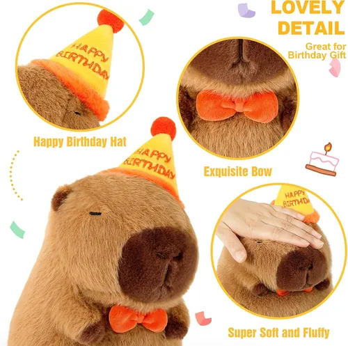 Vista 4 de Ditucu Lindo Peluche de Capibara con Sombrero de Cumpleaños Feliz y Lazo, Animal de Peluche Suave, Juguetes de Peluche para Niños, Decoración