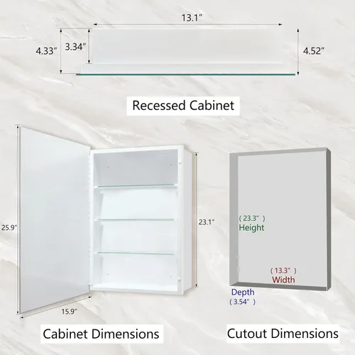 Vista 3 de Botiquín de baño con espejo sin marco, botiquín de 16 x 26 pulgadas con almacenamiento, espejo biselado rectangular sin marco, instalación