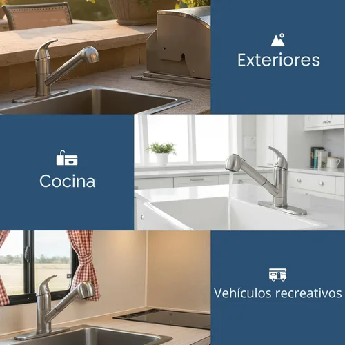 Vista 4 de Grifo de cocina de perfil bajo extraíble con rociador, grifo de fregadero de lavandería de acero inoxidable de una sola manija con níquel cepillado