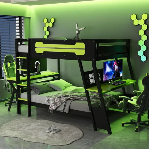 Vista 46 de Cama tipo loft en forma de L tamaño matrimonial e individual con 2 escritorios, tablero de clavijas y cajones de almacenamiento, marco de cama