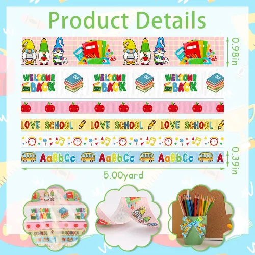 Vista 2 de ALIBBON 6 rollos de cinta de grogrén escolar de 30 yardas de 3/8 pulgadas y 1 pulgada para manualidades, decoración escolar, cintas de gnomo de 6