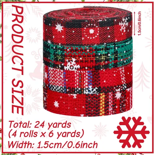 Vista 3 de WILLBOND - 4 rollos de cinta a cuadros de Navidad 24 yardas, cinta de copo de nieve, a cuadros rojo y verde, arpillera para decoración navideña