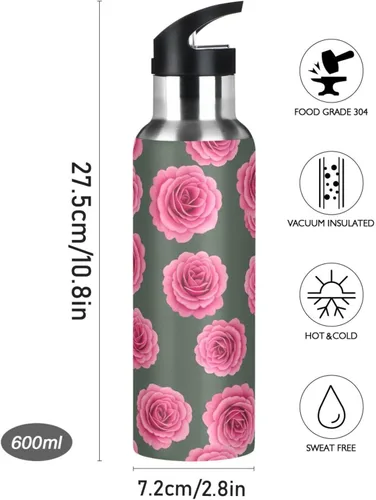 Vista 9 de Vibrant Pink Roses Stainless Steel Vacuum Insulated Water Bottle 20 Oz Leakproof Water Bottles, BPA-Free Sport Water Bottle