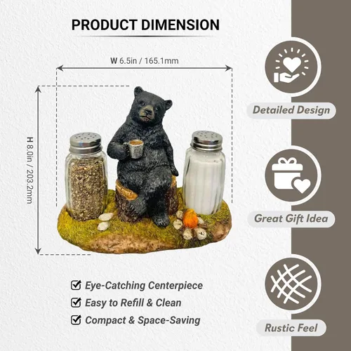 Vista 2 de Pine Ridge Juego de salero y pimentero de oso de café, dos cocteleras de vidrio, soporte para fogata para especias y condimentos, para cocina