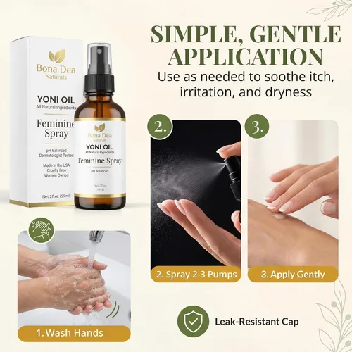 Vista 6 de Bona Dea Naturals - Aceite de Yoni hecho con árbol de té, citronela y aceites esenciales de naranja, «El aerosol femenino original totalmente