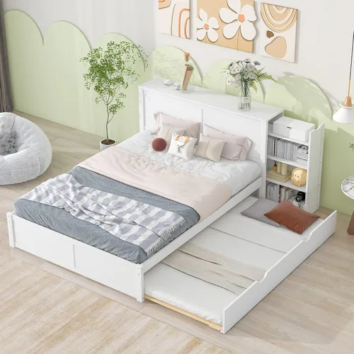 Vista 3 de Cama multifuncional de almacenamiento de tamaño Queen con cama nido de tamaño individual, marco de cama de plataforma de madera con estantes
