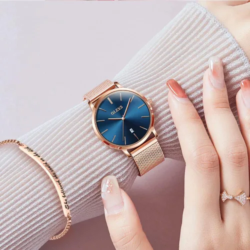 Vista 2 de OLEVS Reloj de regalo para mujer con pulsera de oro rosa para mujer minimalista, simple, delgado, casual, analógico, de cuarzo, impermeable, dos