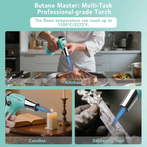 Vista 3 de Sondiko Antorcha para Crème Brûlée, Antorcha Encendedor de Butano Recargable con Llama Ajustable para Bricolaje, Crème Brûlée, Parrillada