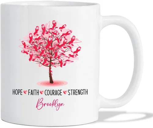 Vista 16 de Taza de café de concientización sobre el cáncer de mama con nombre personalizado, taza de café de 11 onzas, taza de té de cerámica blanca