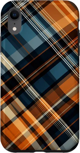 Vista 24 de Funda para iPhone 16 Navy Black and Orange Plaid Halloween Otoño Calabazas
