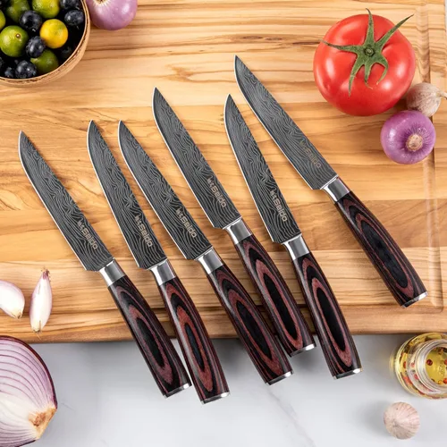 Vista 5 de Juego de cuchillos Master Chef de 17 piezas con bloque de acero de Damasco y madera de acacia Cuchillos de cocina de acero de Damasco con bloque